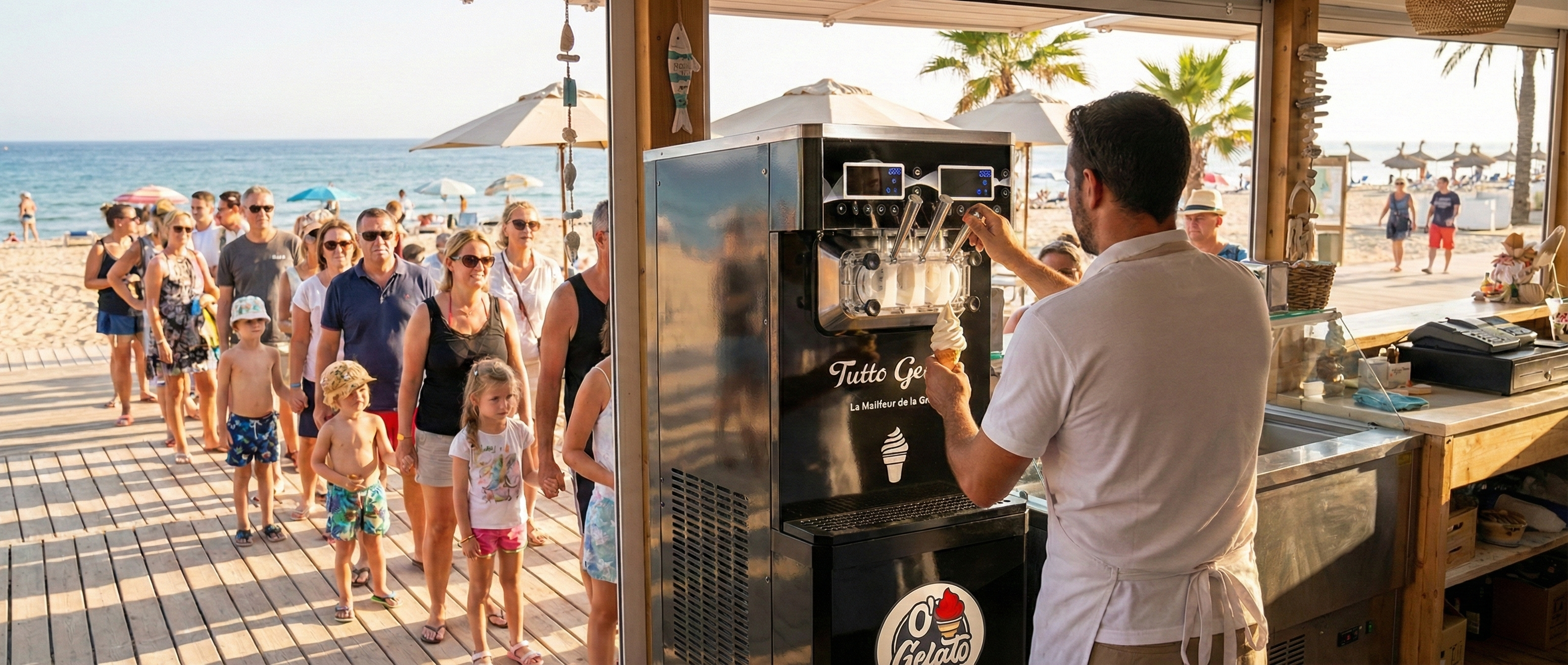 File d'attente devant une machine à glace Tutto Gelato O'Gelato sur la plage